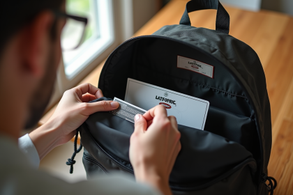 Personne vérifiant l'étiquette et la garantie d'un sac Eastpak