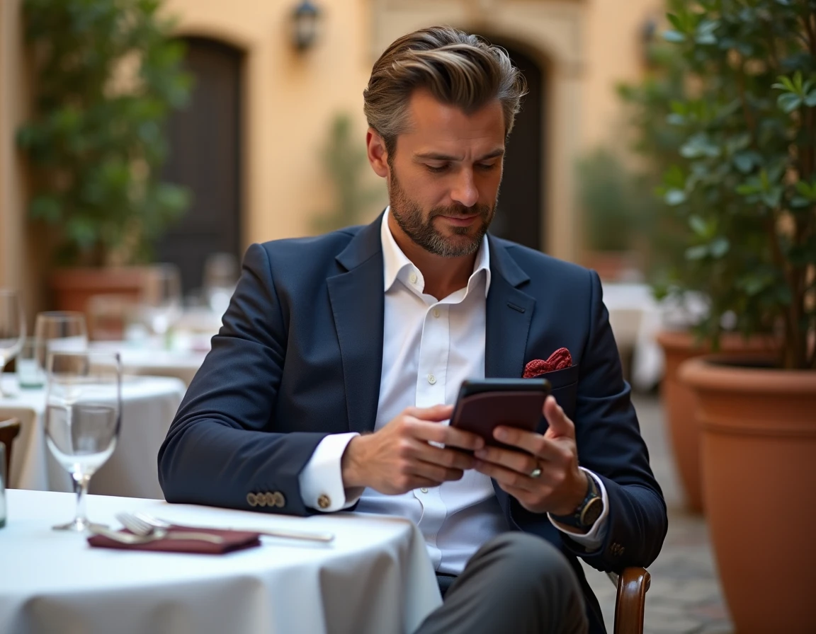 Homme élégant en blazer marine avec coque de téléphone et cordon en terrasse de restaurant chic