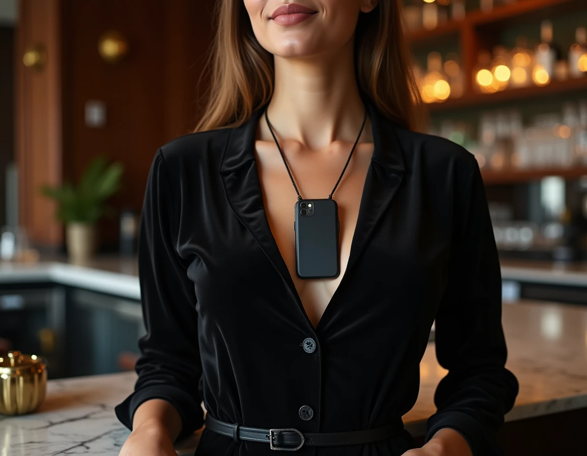 Femme en robe noire élégante avec coque de téléphone sur cordon en cuir dans un bar chic