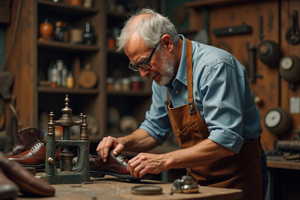 Cordonner utilisant un outil pour agrandir une chaussure en atelier