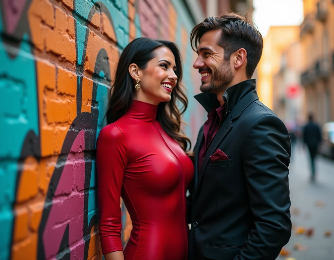 Couple en cosplay Totally Spies posant devant un mur graffiti en décor urbain coloré