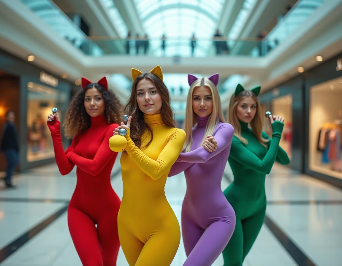 Groupe de cosplayers en costumes Totally Spies en mise en scène espionnage dans un centre commercial moderne