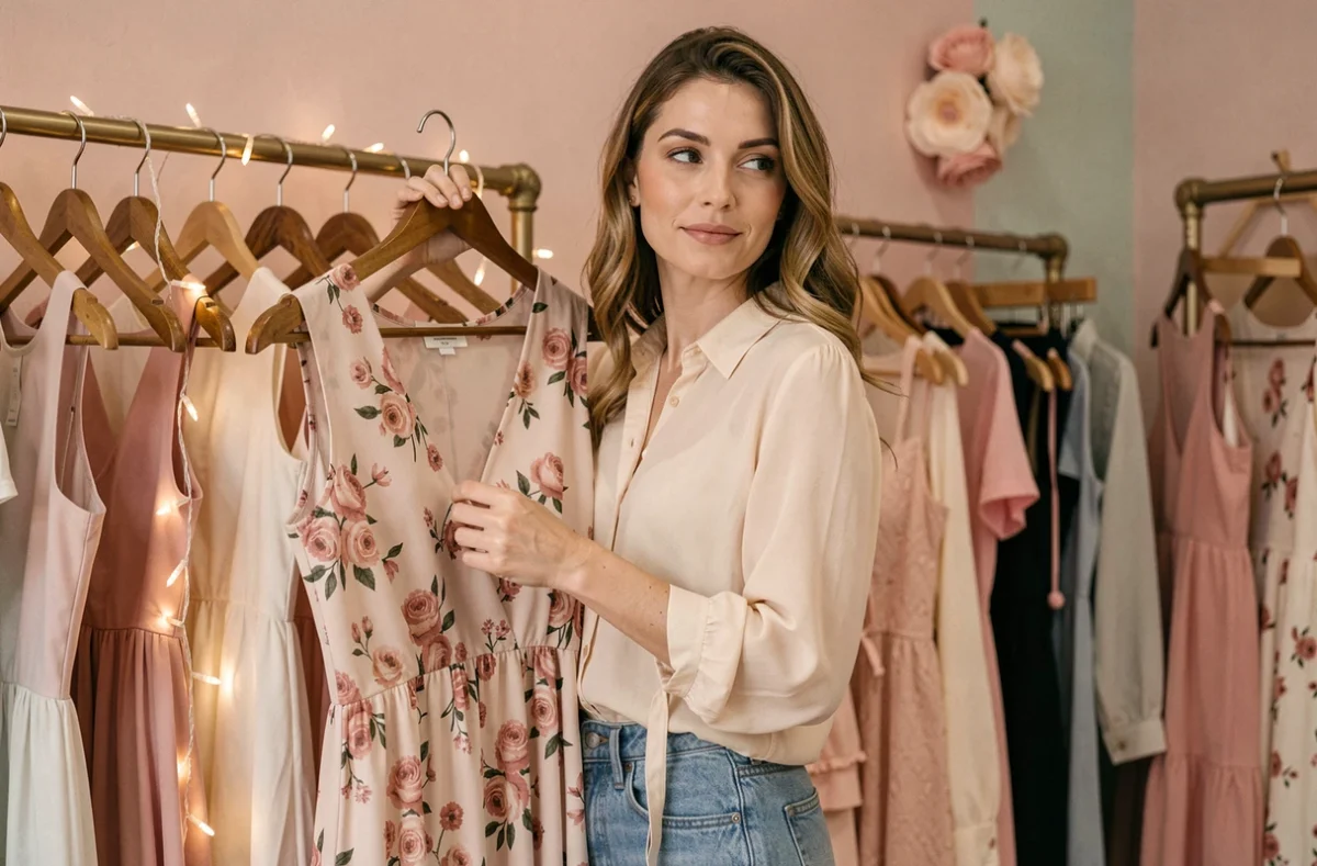 Femme admirant une robe dans la boutique Coup de Foudre mode féminine à Arras
