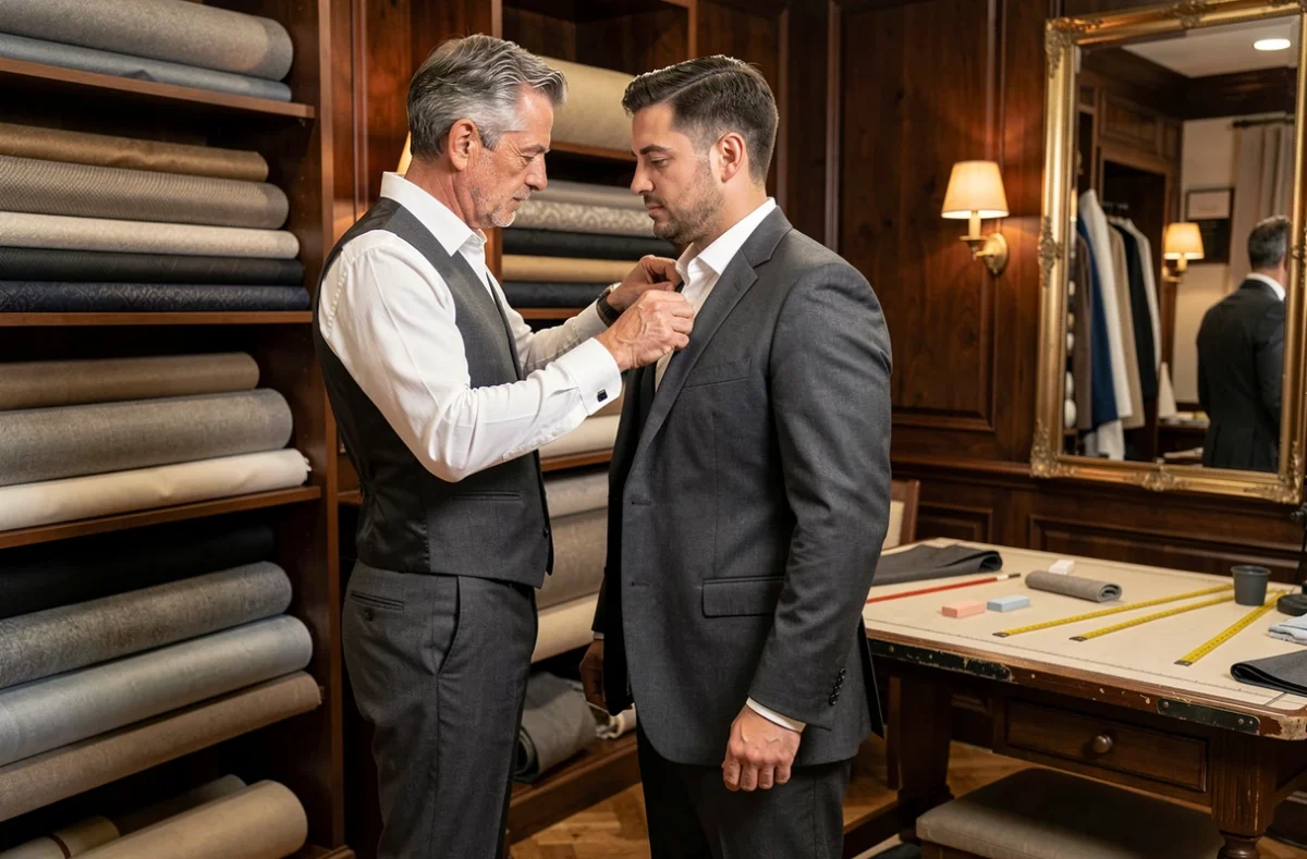Un tailleur expérimenté réalise un costume sur mesure pour un client dans l'atelier Courmont Homme à Lyon