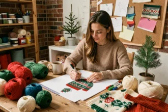 Femme créant un design personnalisé pour un pull de Noël dans un atelier artisanal cosy