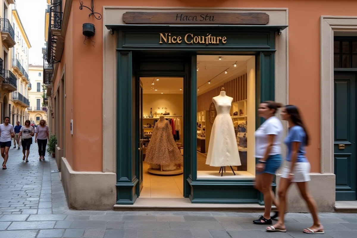 Devanture de la boutique Nice Couture dans une rue pavée du vieux Nice avec vitrine et mannequin