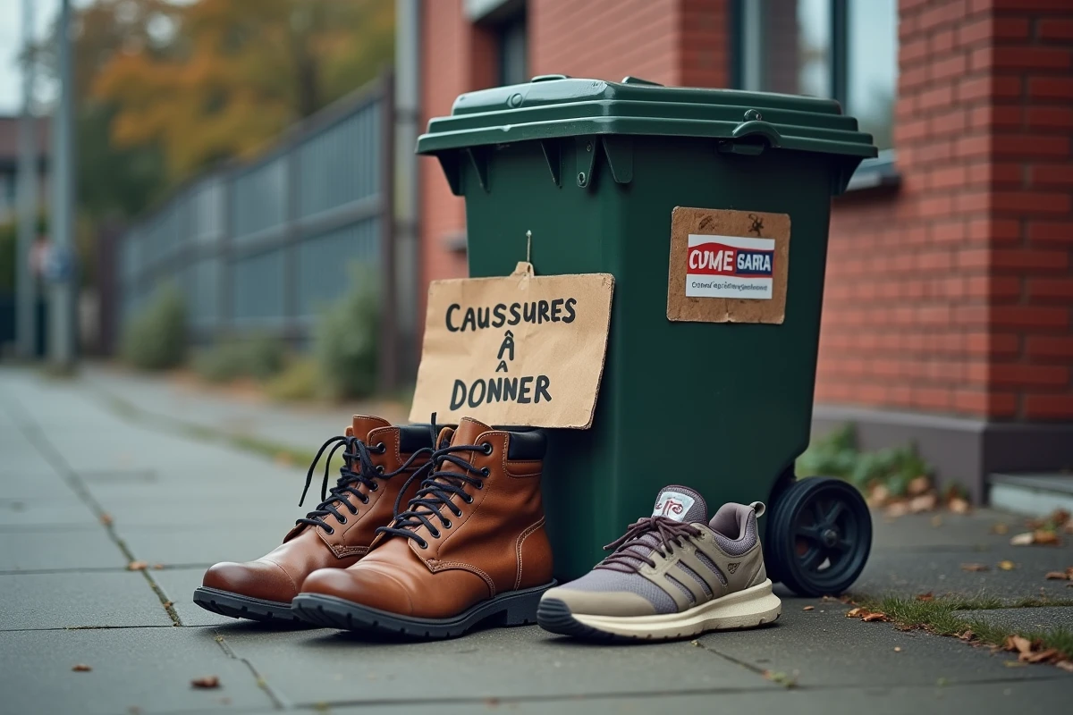 Chaussures trop grandes déposées dans un bac de collecte pour don ou recyclage