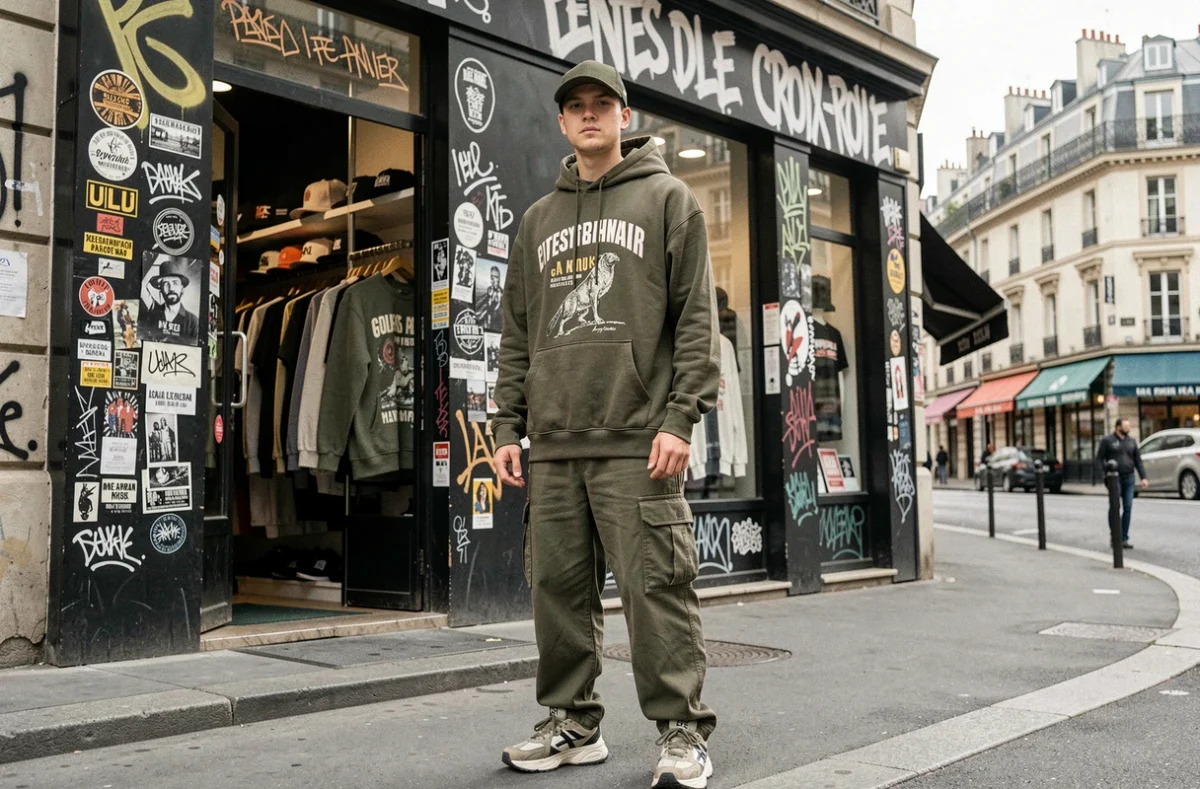 Un jeune homme en tenue streetwear devant la boutique Dope, spécialisée dans la mode urbaine dans le 1er arrondissement de Lyon