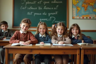 Groupe d'enfants des années 70 dans une classe vintage
