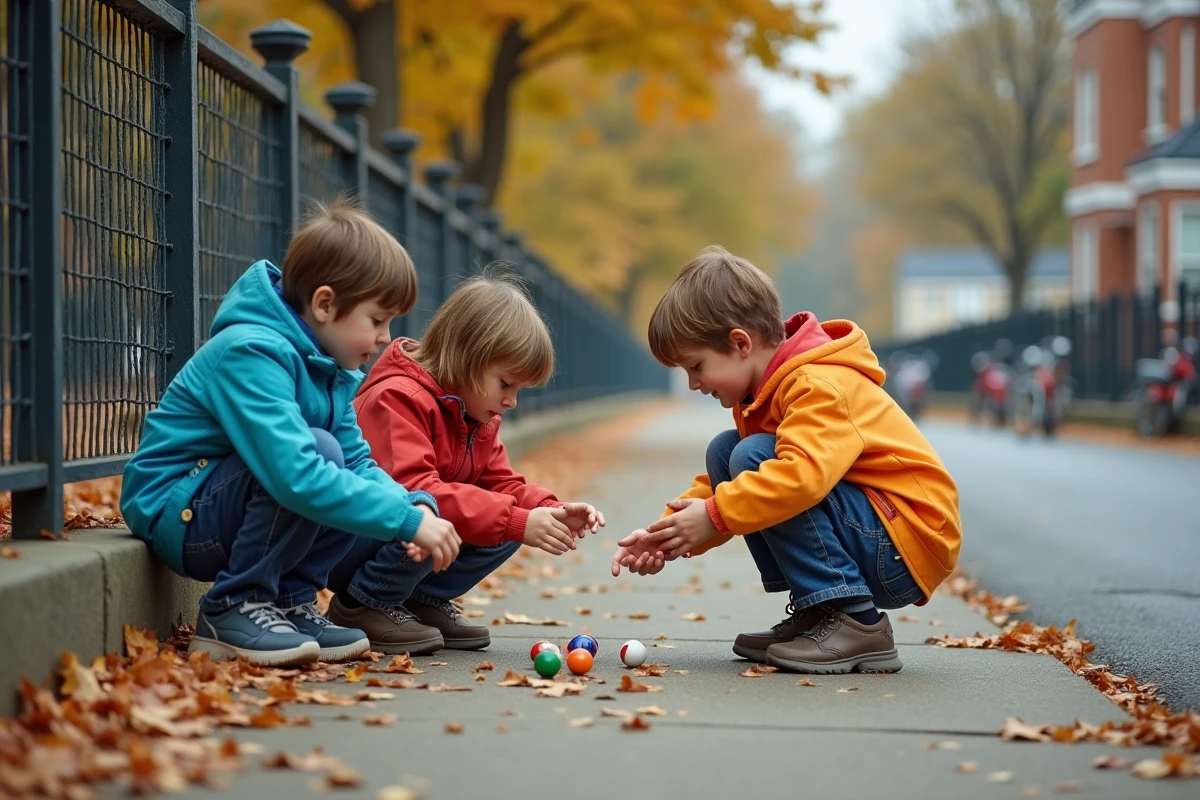 Trois enfants jouant aux billes dans la cour des années 70