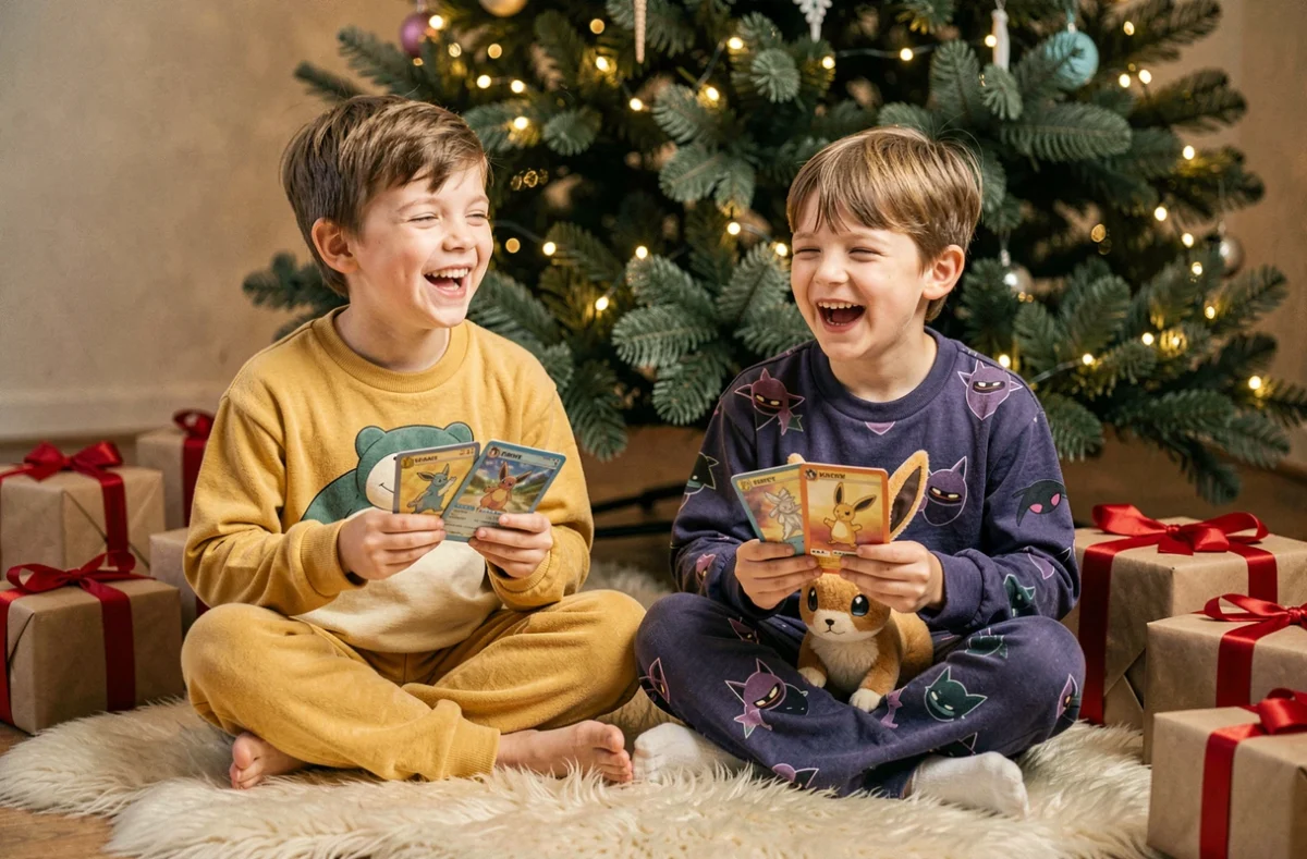 Enfants en pyjamas Pokémon jouant avec des cartes et des peluches au pied du sapin de Noël