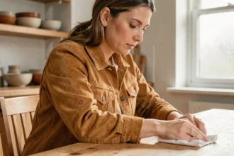 Femme entretenant une tache sur une veste en daim camel à la maison avec un chiffon blanc