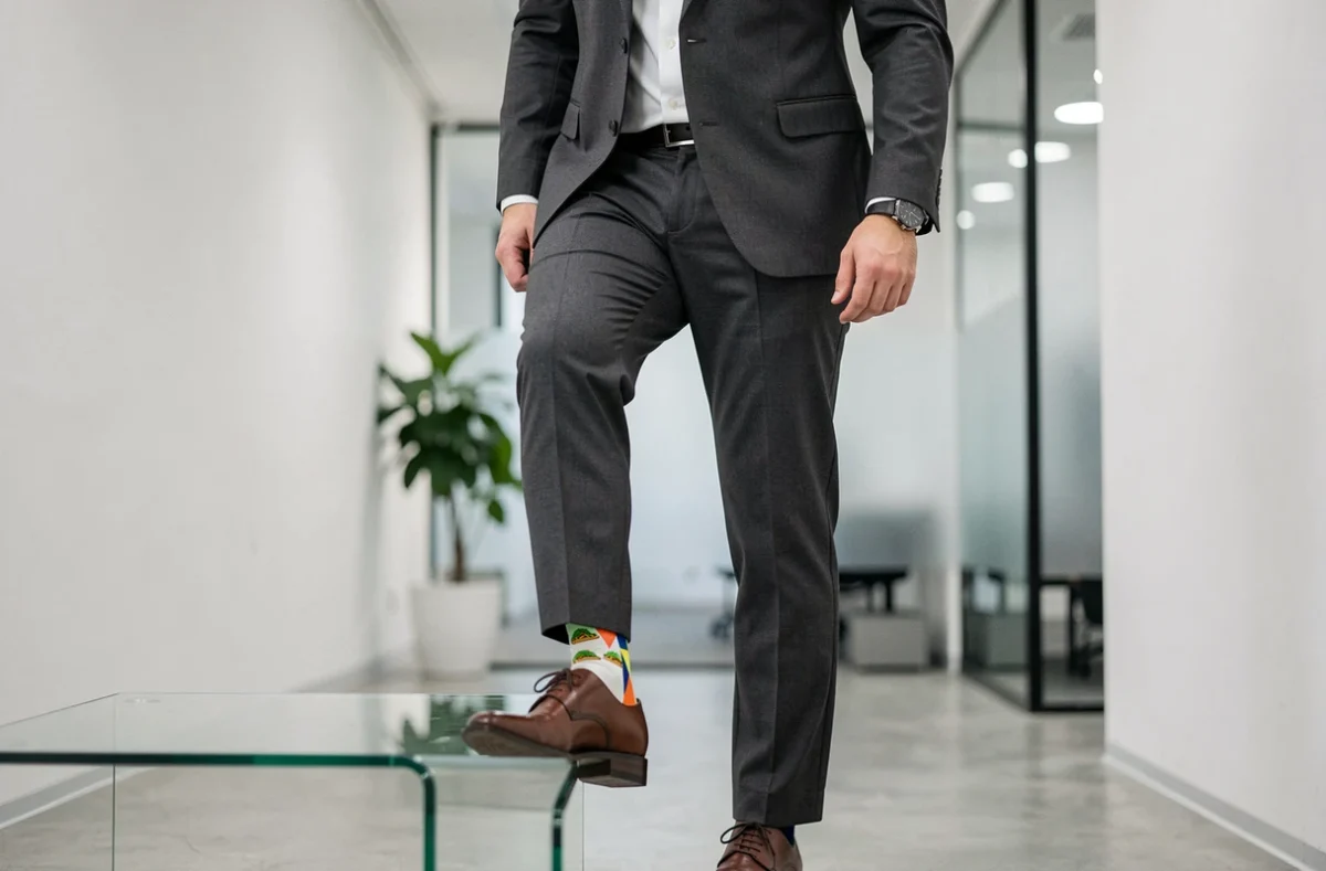 Homme en costume gris en bureau moderne exhibant des chaussettes dépareillées fantaisie illustrant les erreurs de style à éviter