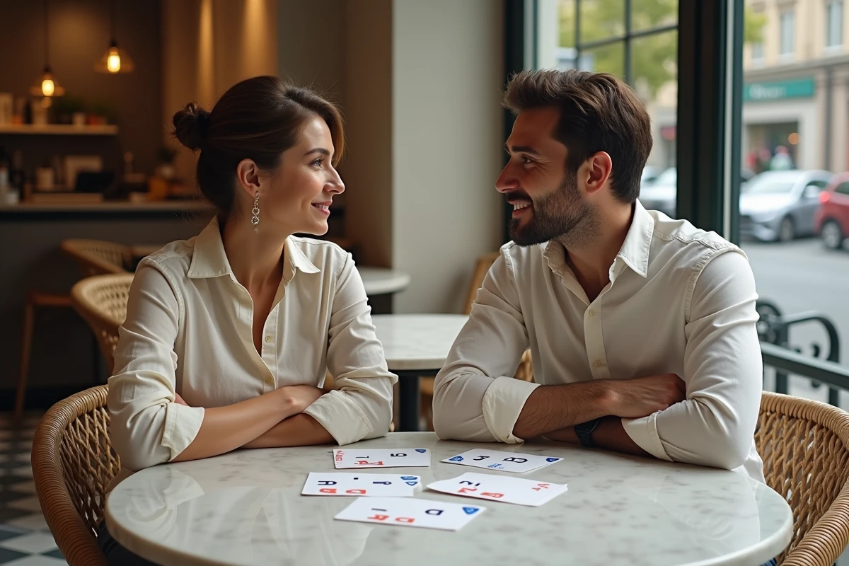 Deux personnes d'origines étrangères révisant les homophones français ma, m'a et ou autour d'un café à Paris