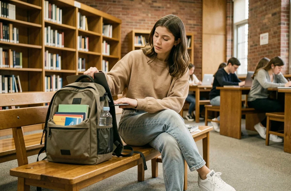 Étudiante assise dans une bibliothèque universitaire sortant un ordinateur portable de son grand sac à dos