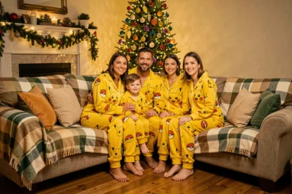 Famille en pyjamas Pokémon réunis autour du sapin de Noël dans un salon cocooning chaleureux