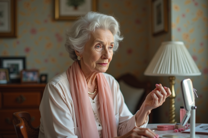 Femme âgée appliquant du blush dans une chambre chaleureuse