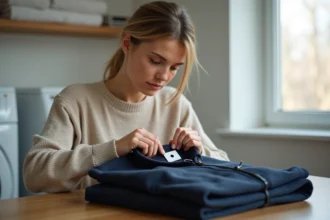 Femme examinant un antivol coincé sur une veste posée sur une table en bois à la maison