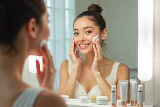 Femme appliquant creme visage devant miroir naturel