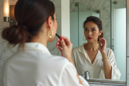 Femme confiante appliquant rouge à lèvres devant miroir
