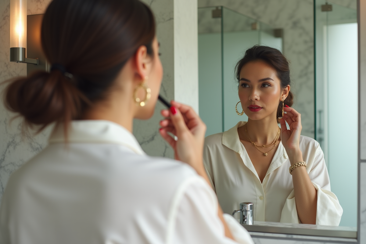 Femme confiante appliquant rouge à lèvres devant miroir