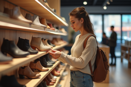 Femme regardant des chaussures dans une boutique lumineuse
