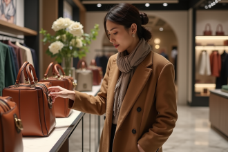 Femme élégante examinant un sac à main dans une boutique chic