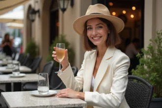 Femme souriante en blazer crème et bob hat au café