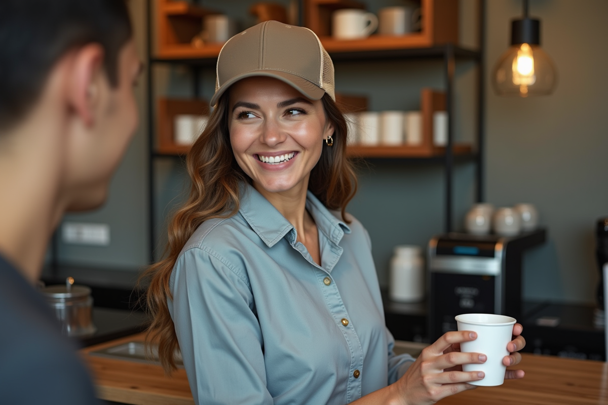 Femme portant une casquette trucker dans un coffee shop