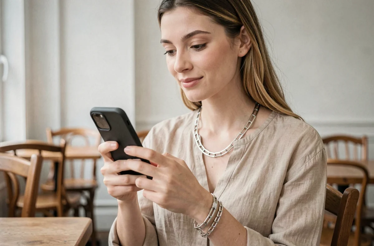 Femme portant un téléphone avec une chaîne argentée autour du poignet dans un café parisien