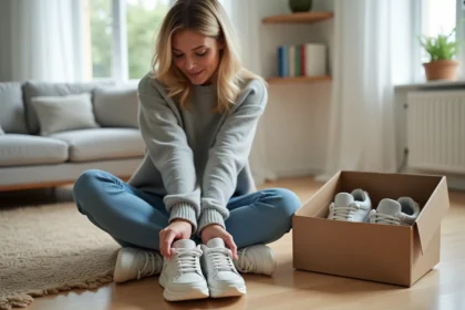 Femme examinant des chaussures trop grandes avant de les recycler ou revendre