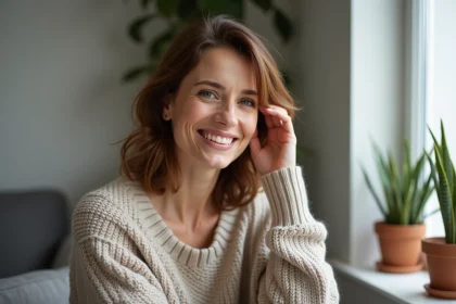 Femme aux cheveux bruns souriante en intérieur