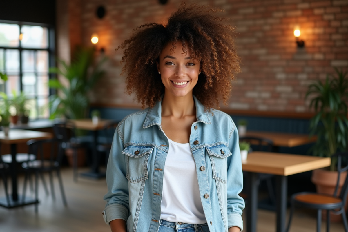 Femme aux cheveux crépus souriante dans un coffee shop