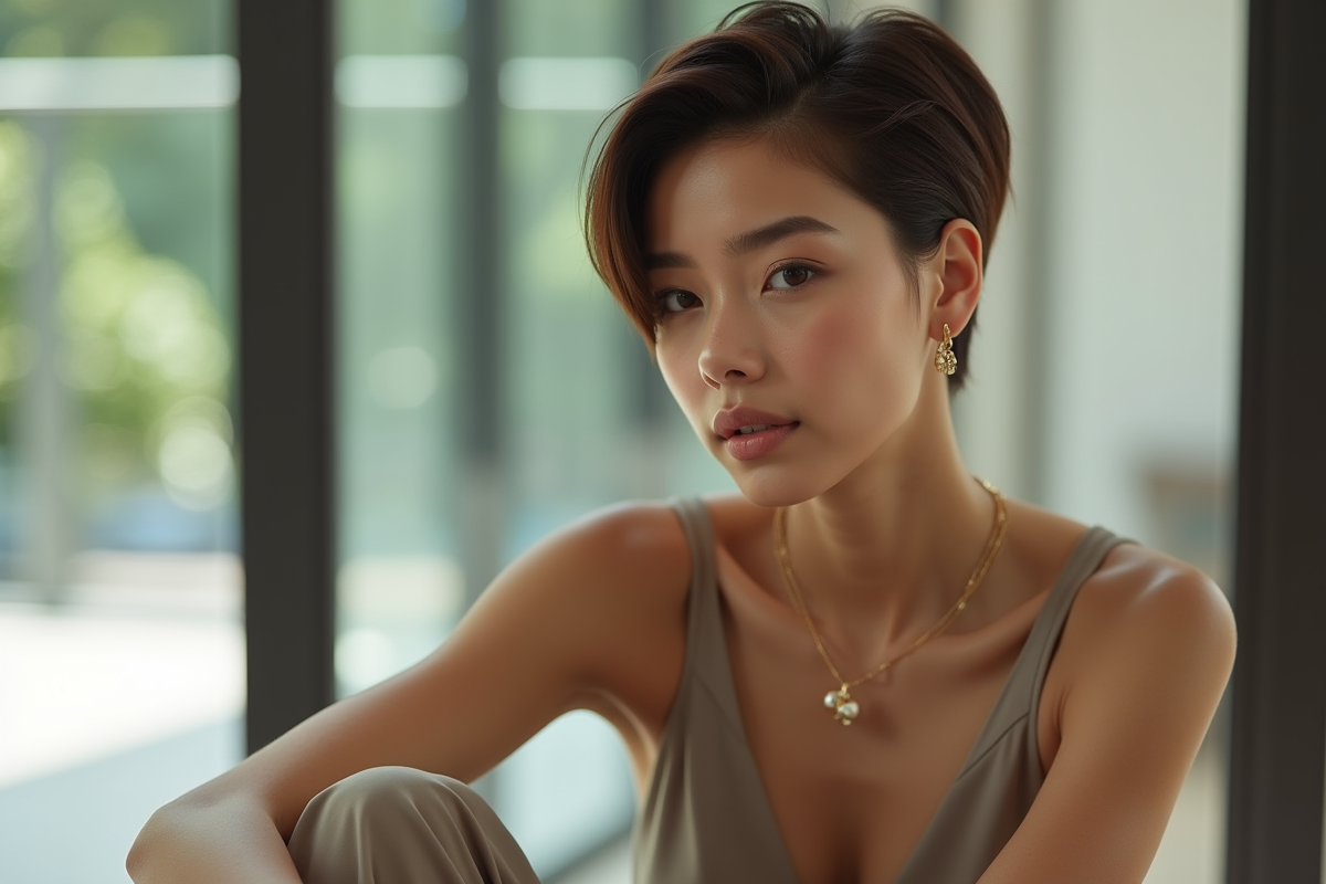 Femme aux cheveux pixie coiffés avec style intérieur lumineux