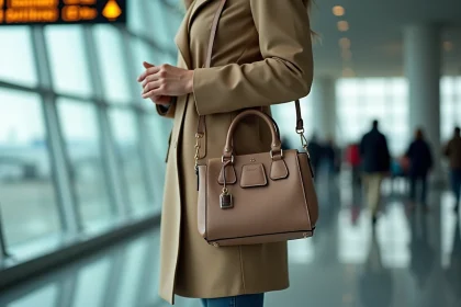 Femme élégante ajustant son sac à main dans un aéroport