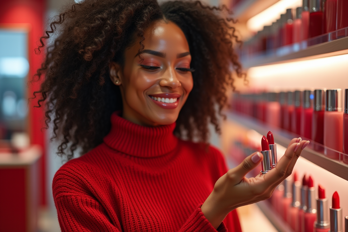 Femme en boutique choisissant un rouge à lèvres rouge