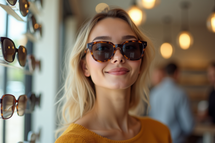 Femme confiante essayant des lunettes de soleil modernes