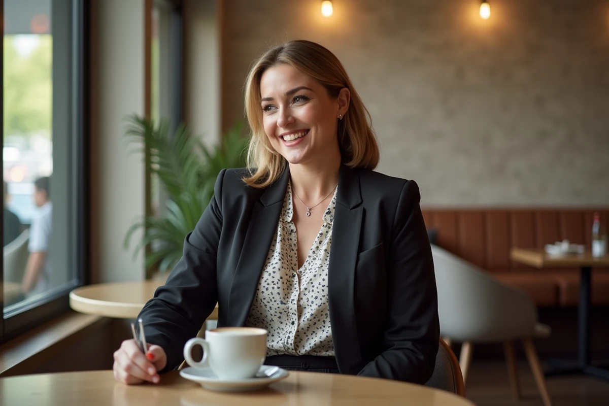 Femme confiante en tenue chic au café intérieur