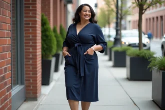 Femme ronde en robe bleue ajustée dans la ville
