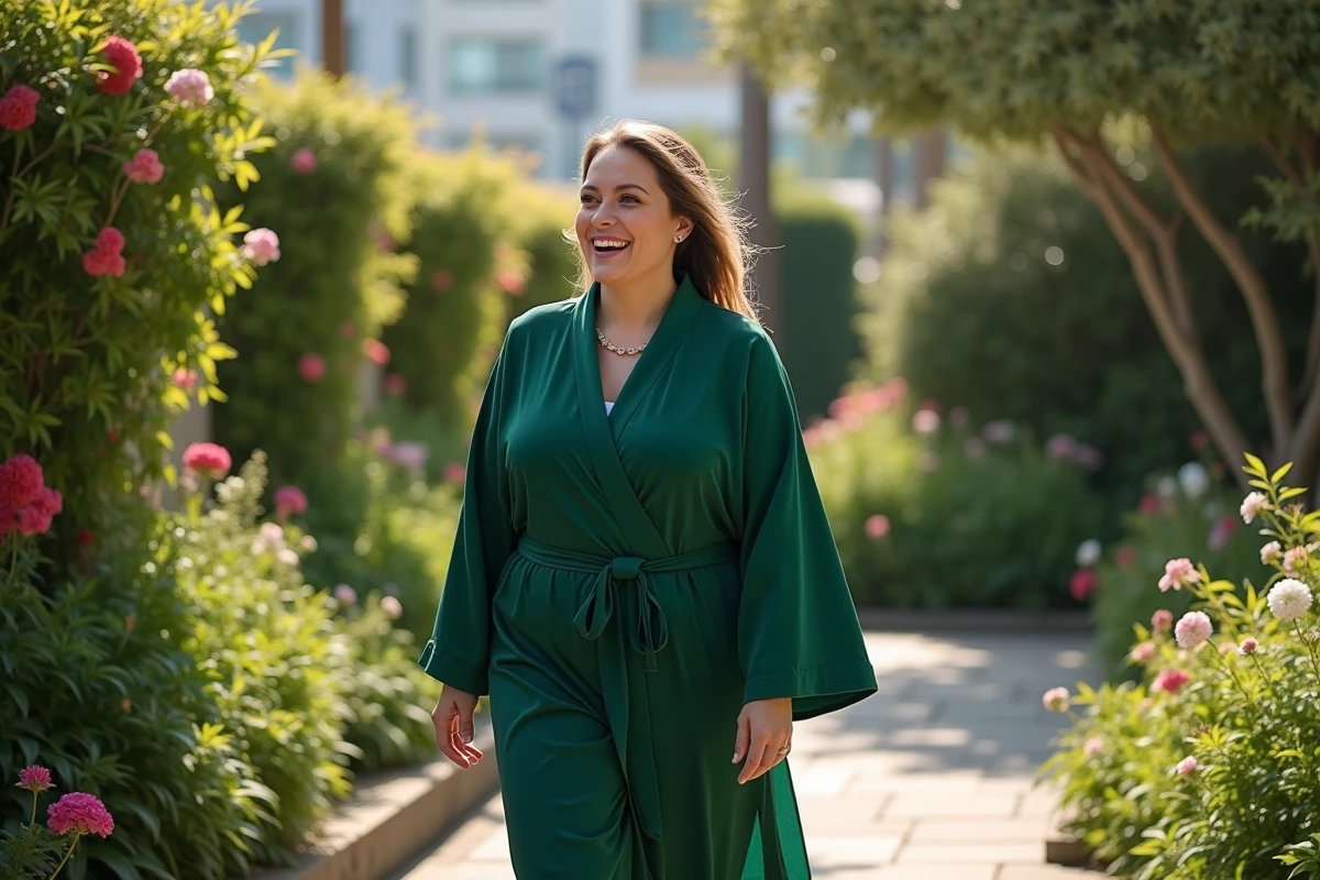 Femme souriante en robe verte dans un jardin fleuri en marchant