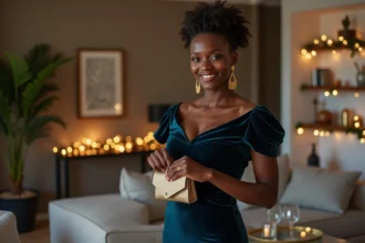 Femme noire élégante en robe de velours bleu nuit