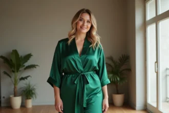 Femme confiante en robe verte élégante dans un intérieur moderne