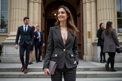 Femme élégante en tweed noir et blanc à Paris
