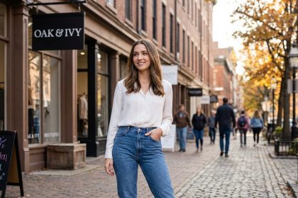 Femme en jeans haut de gamme dans une rue urbaine