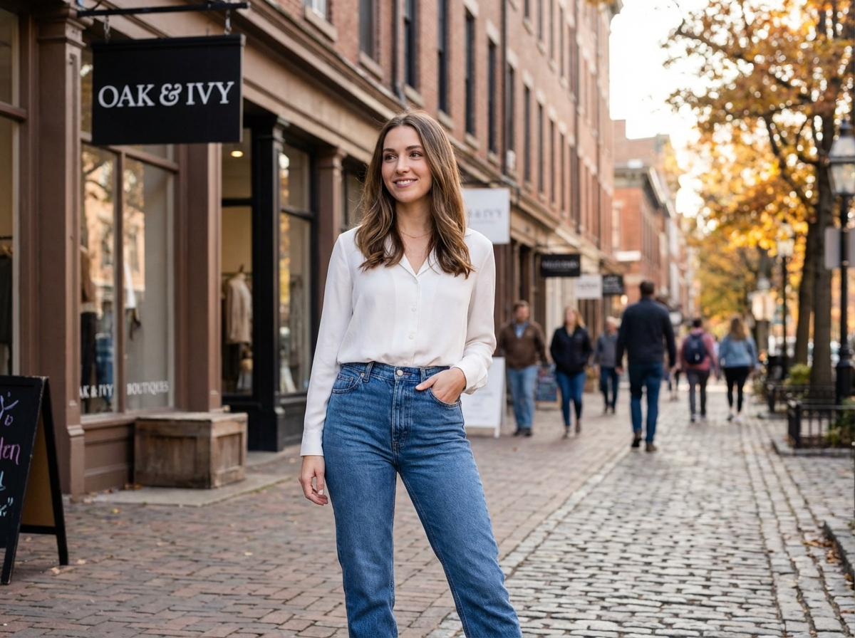 Femme en jeans haut de gamme dans une rue urbaine
