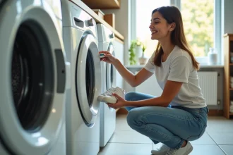 Jeune femme avec baskets blanches et bicarbonate dans la buanderie