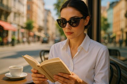 Femme élégante portant des lunettes de soleil dans un café en ville