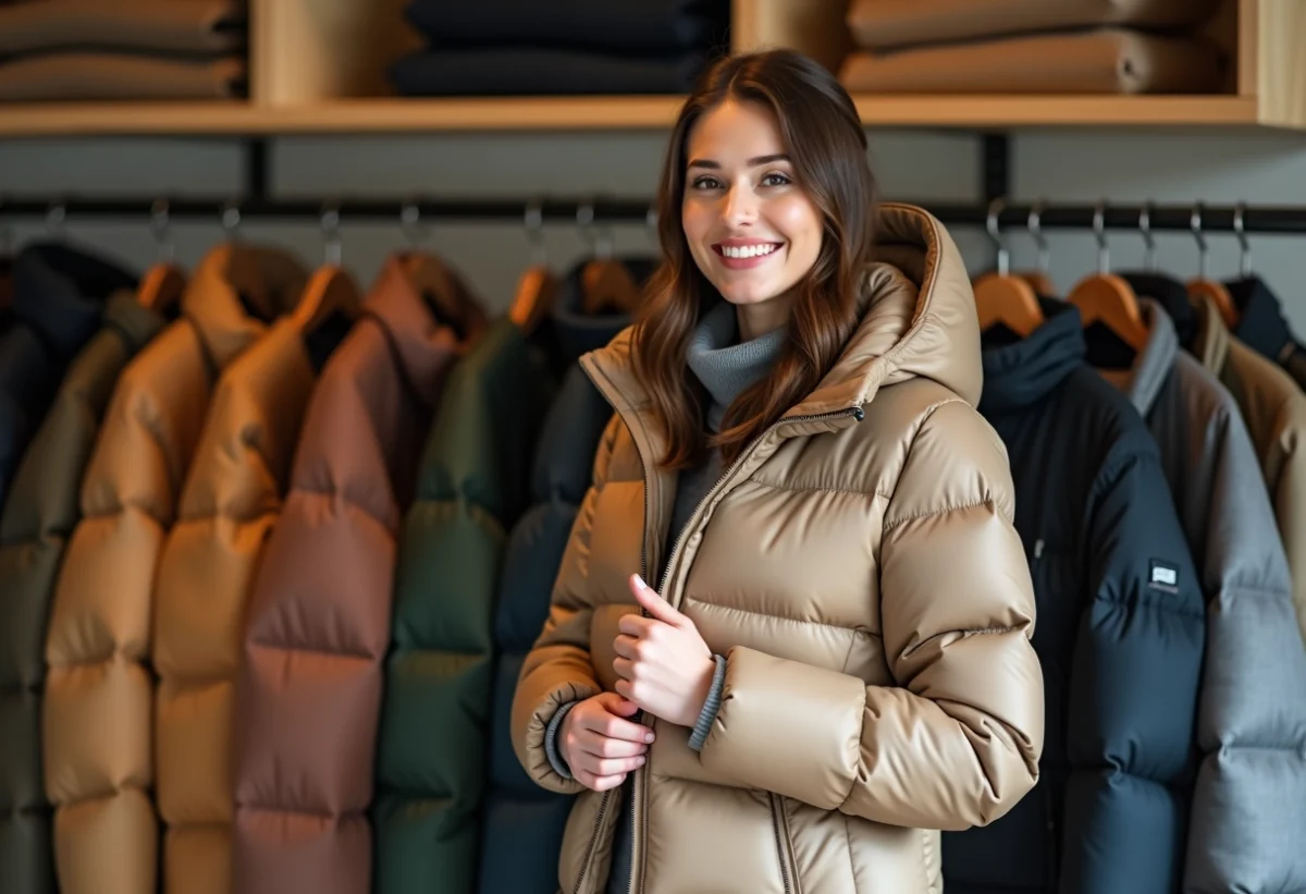 Femme en manteau puffer en boutique urbaine