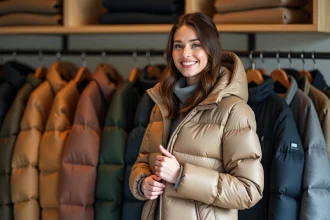 Femme en manteau puffer en boutique urbaine