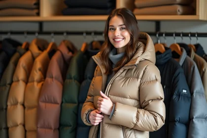 Femme en manteau puffer en boutique urbaine